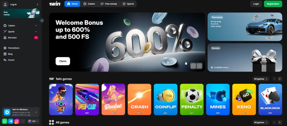 Interface of the 1Win Pakistan Website